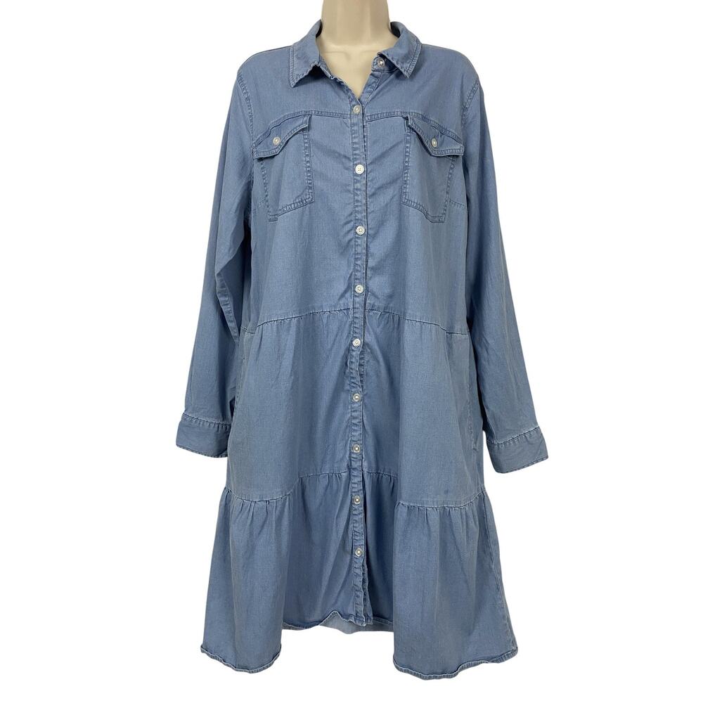 Belle BOHO Kim Gravel Chambray Dress Large Blue Denim Tiered Pockets Ruffle - Picture 1 of 13